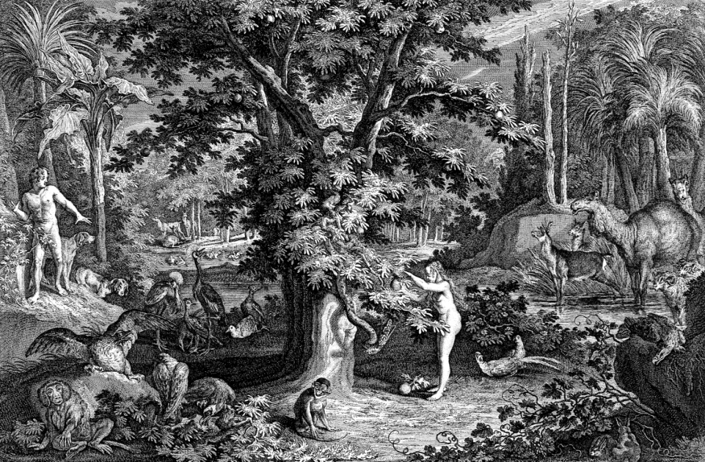 black and white illustration of eve picking the apple