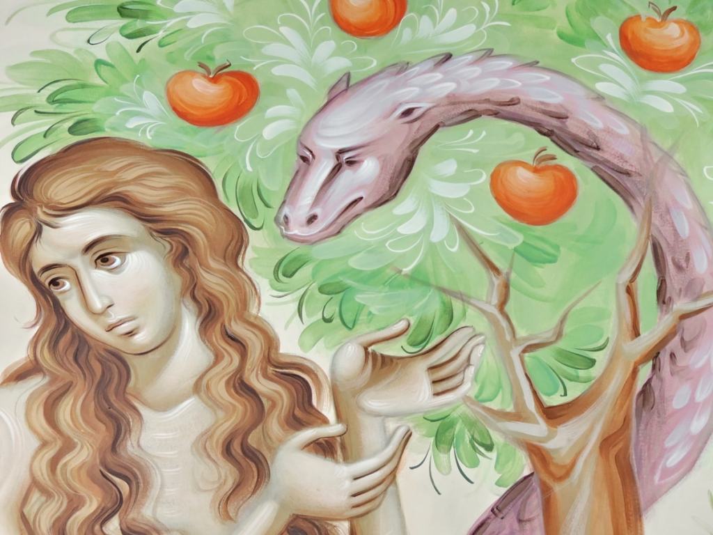 color illustration of eve at the apple tree with serpent