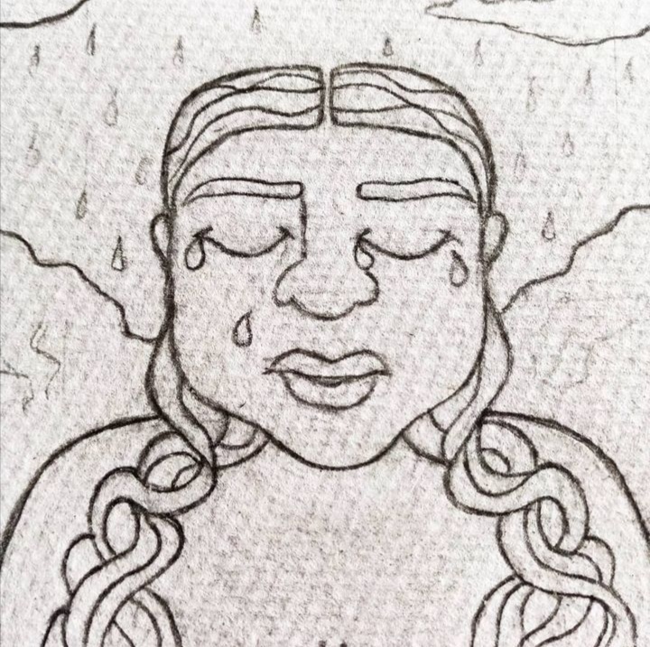 pencil sketch woman sitting in the rain