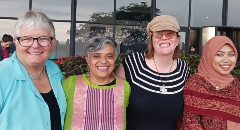 Deepa Patel, Tessa Bielecki and Ustazah Liyana R. Asmara join panelist moderator, Sister Julia Walsh, in conversation about "Creating Inclusive and Creative Spaces" at the 2023 Parliament of the World's Religions on Aug. 14 in Chicago, Illinois. Photo by Benny Oon and David Denny.