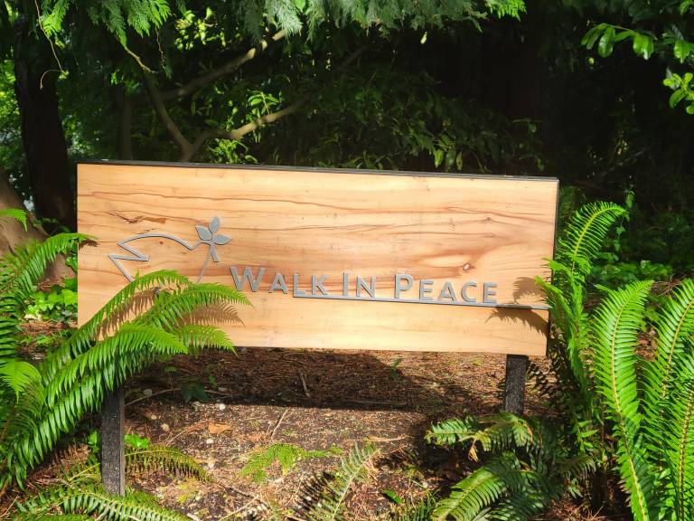 Wooden sign outdoors surrounded by plants that says "Walk in Peace"
