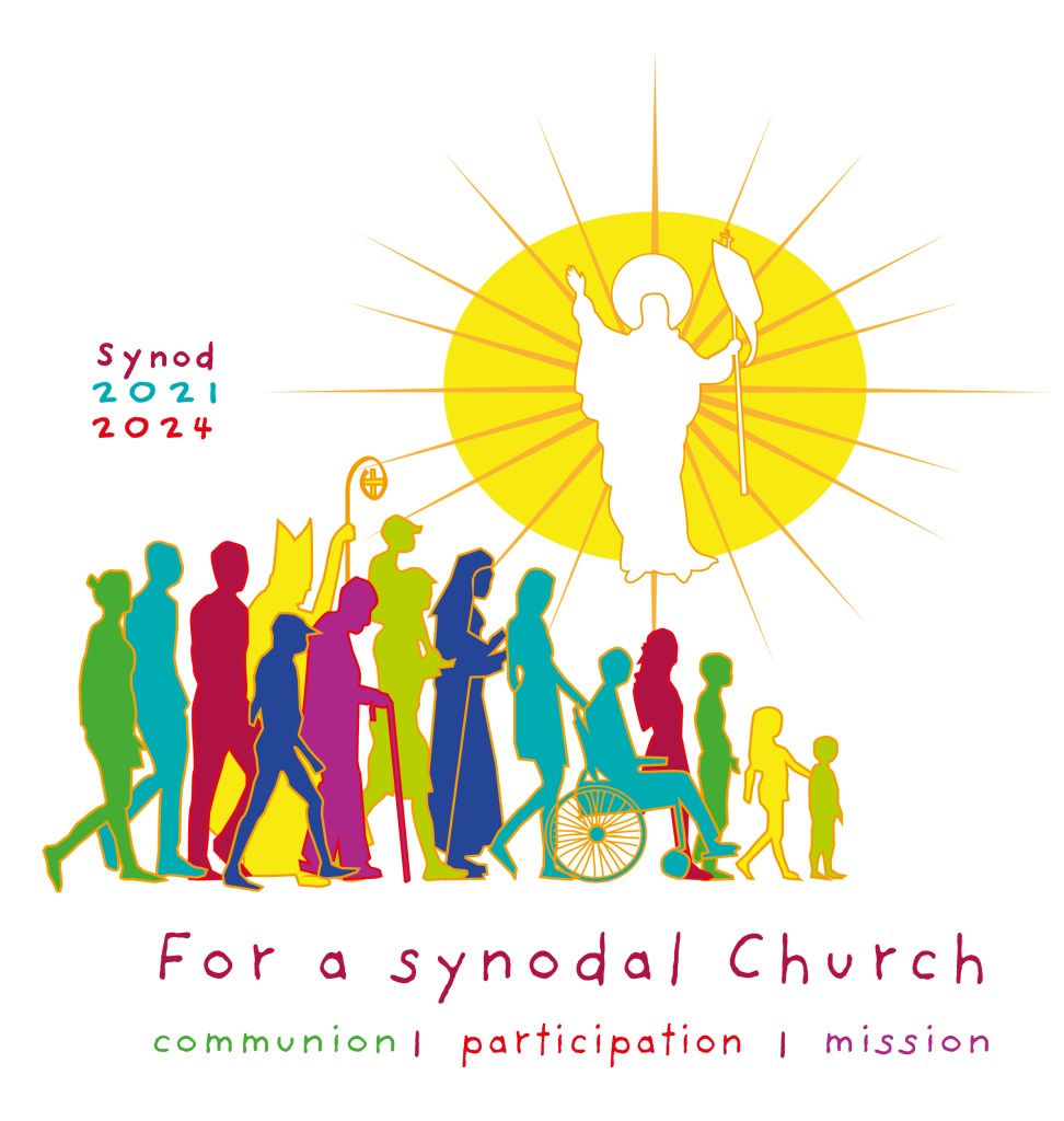 Silhouettes of many people in front of a risen Jesus in the sky, with the words "For a synodal church: communion, participation, mission"