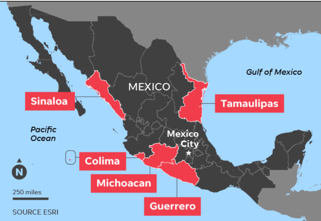 Map of Mexico, with places to avoid for safety highlighted