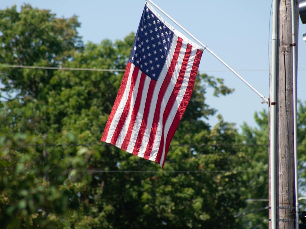 Patriotic American flag on a pole with trees and a clear blue sky background.